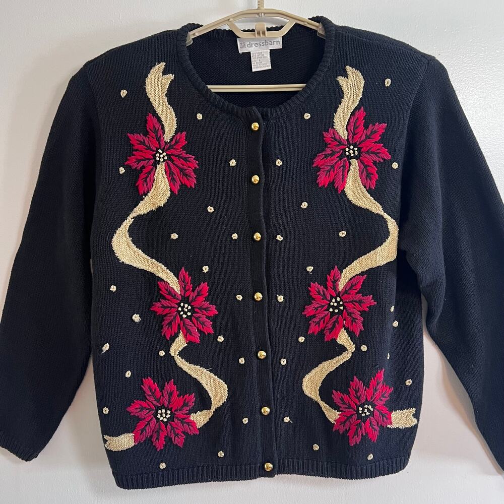 Vintage Dressbarn Christmas Holiday Cardigan Poinsettia Embroidered Cotton Ramie